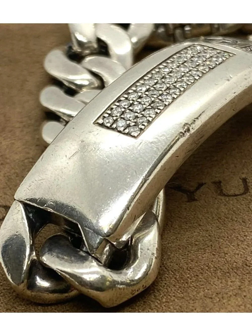 David Yurman Diamond Curb ID Plate Sterling Silver 925 Bracelet 8.25